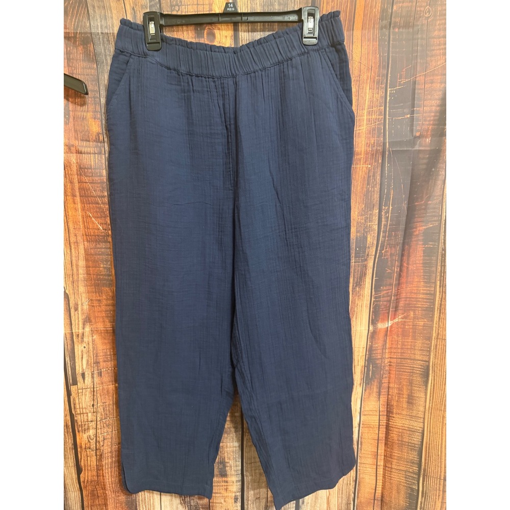 Market & Spruce Navy Blue Cotton Gauze Elastic Waist Straight Leg Pants Large